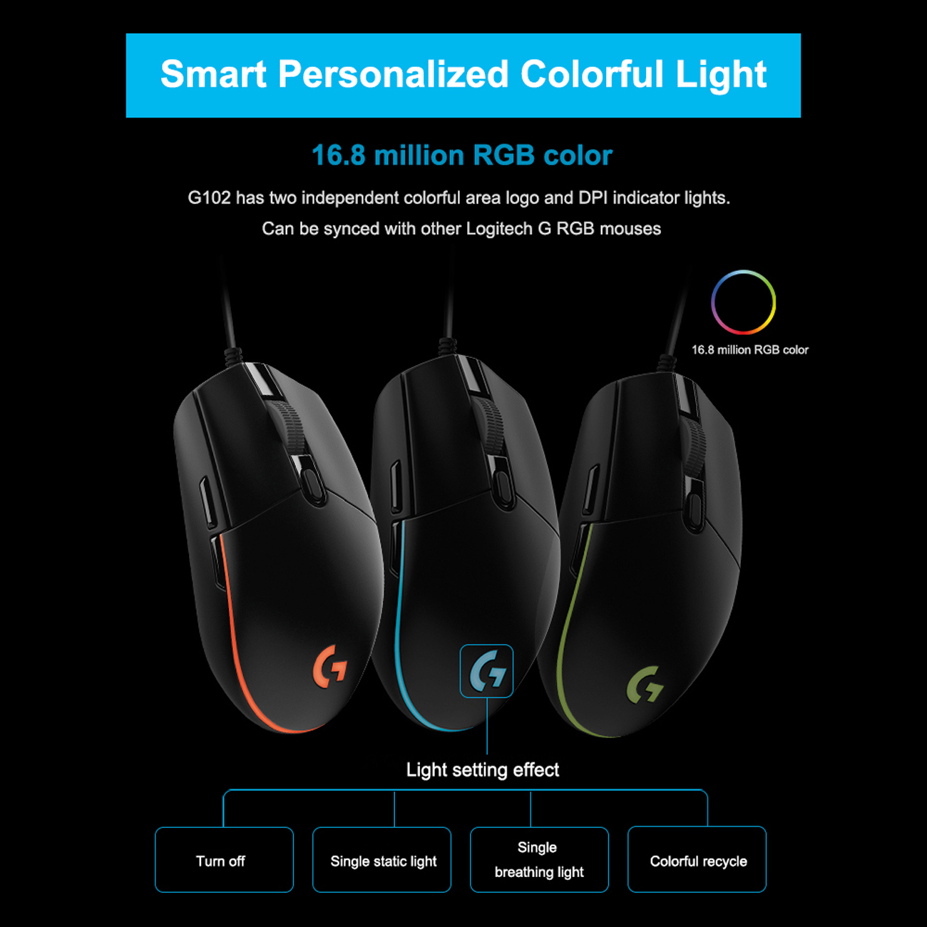 Logitech G102 Wired Gaming Mouse RGB Mice Optical 8000DPI 16.8M Color